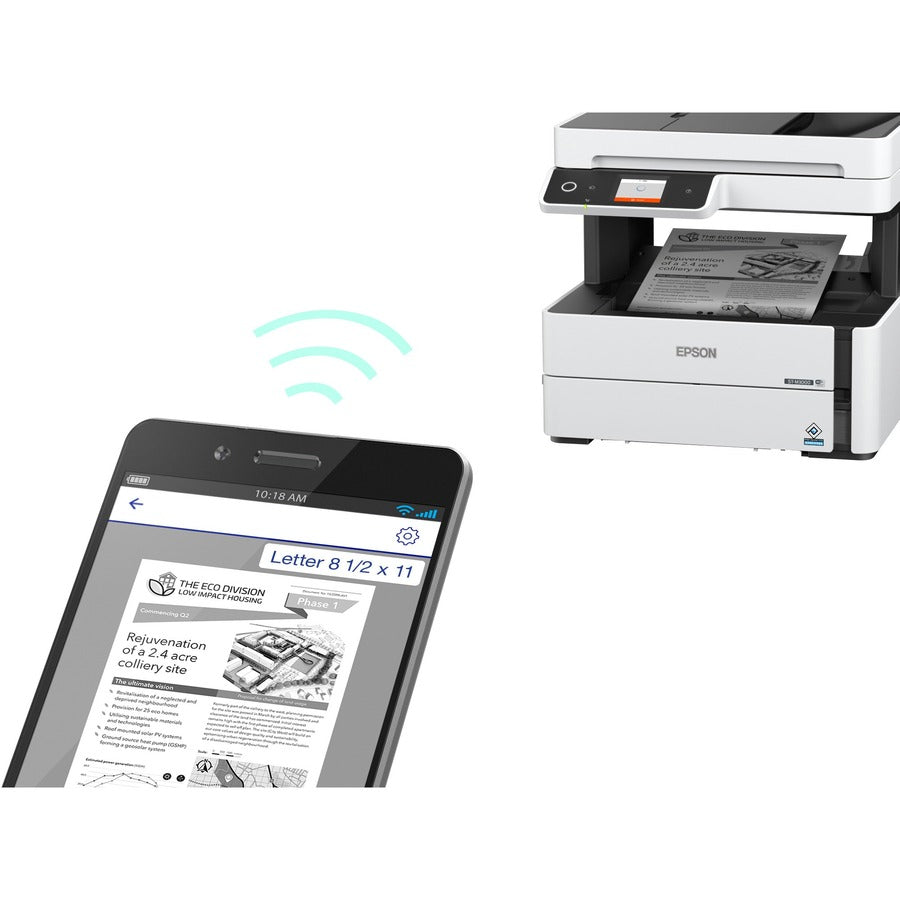 Epson WorkForce ST-M3000 Monochrome Multifunction Supertank Printer. Cartridge Free MFP with ADF & Fax Inkjet copier/Fax/Scanner-1200x2400 dpi Print-Automatic Duplex Print-1200 dpi Optical Scan-20 ppm-Up to 23k pages of ink-Wireless LAN