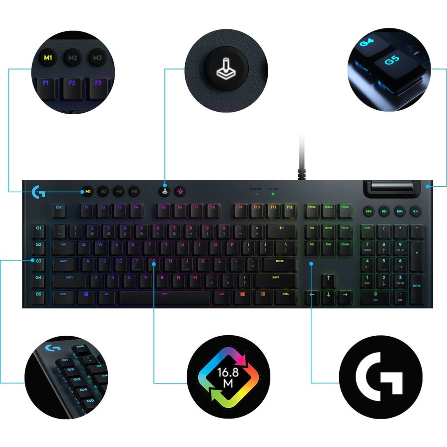 Logitech G815 LIGHTSYNC RGB Mechanical Gaming Keyboard with Low Profile GL Tactile key switch, 5 programmable G-keys,USB Passthrough, dedicated media control, black and white colorways