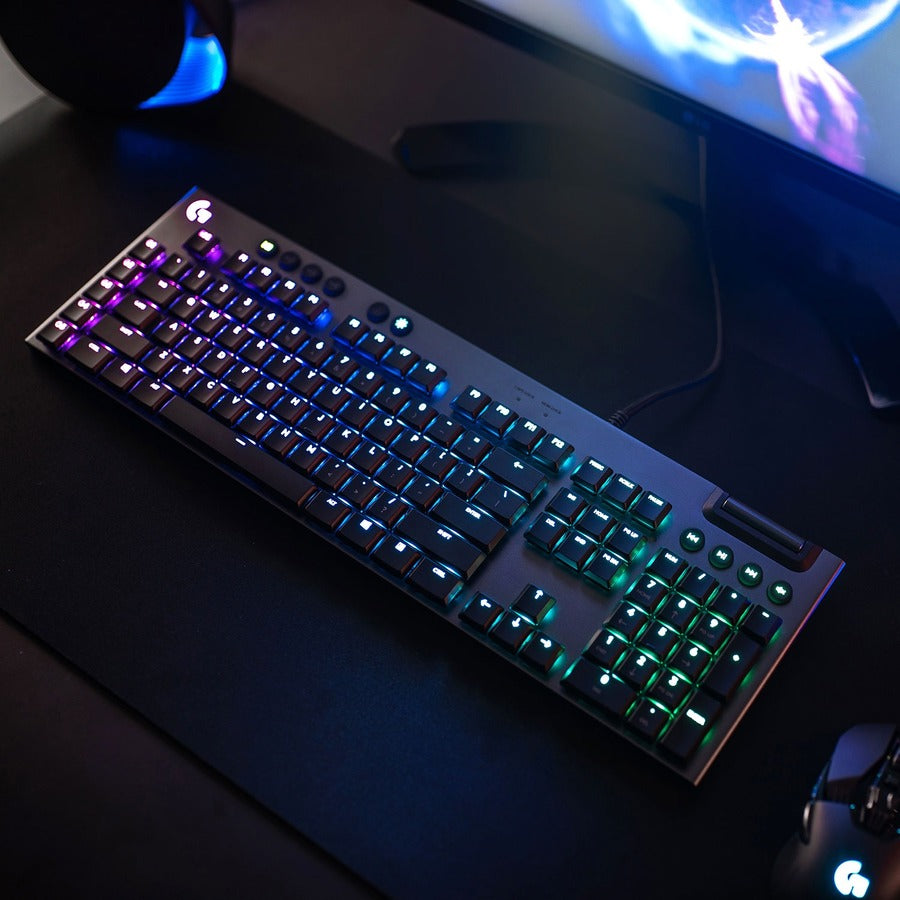 Logitech G815 LIGHTSYNC RGB Mechanical Gaming Keyboard with Low Profile GL Tactile key switch, 5 programmable G-keys,USB Passthrough, dedicated media control, black and white colorways