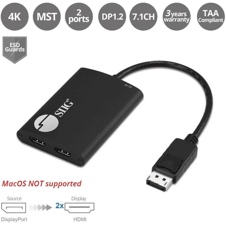 SIIG 4K 1x2 DisplayPort 1.2 to HDMI MST Splitter