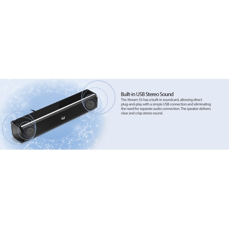 Adesso Xtream S5 USB-Powered Desktop Computer Sound Bar Speaker with Dynamic Sound- 5W x 2 - Portable