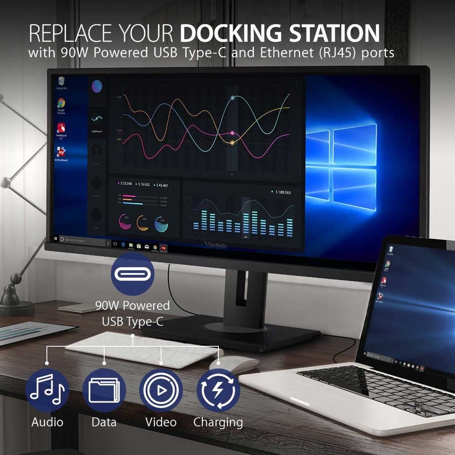 ViewSonic VG3456 34 Inch 21:9 1440p Monitor with Ergonomics Design, USB C, FreeSync, Docking Built-In, Gigabit Ethernet RJ45 for Home and Office