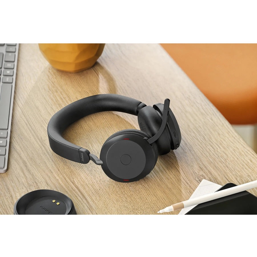 Jabra Evolve2 75 Wireless On-ear Stereo Headset - USB-C - Unified Communication - With Charging Stand - Black - Binaural - Ear-cup - 3000 cm - Bluetooth - 20 Hz to 20 kHz - MEMS Technology Microphone - Noise Cancelling