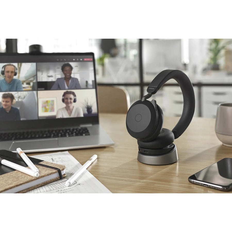 Jabra Evolve2 75 Wireless On-ear Stereo Headset - USB-C - Unified Communication - With Charging Stand - Black - Binaural - Ear-cup - 3000 cm - Bluetooth - 20 Hz to 20 kHz - MEMS Technology Microphone - Noise Cancelling