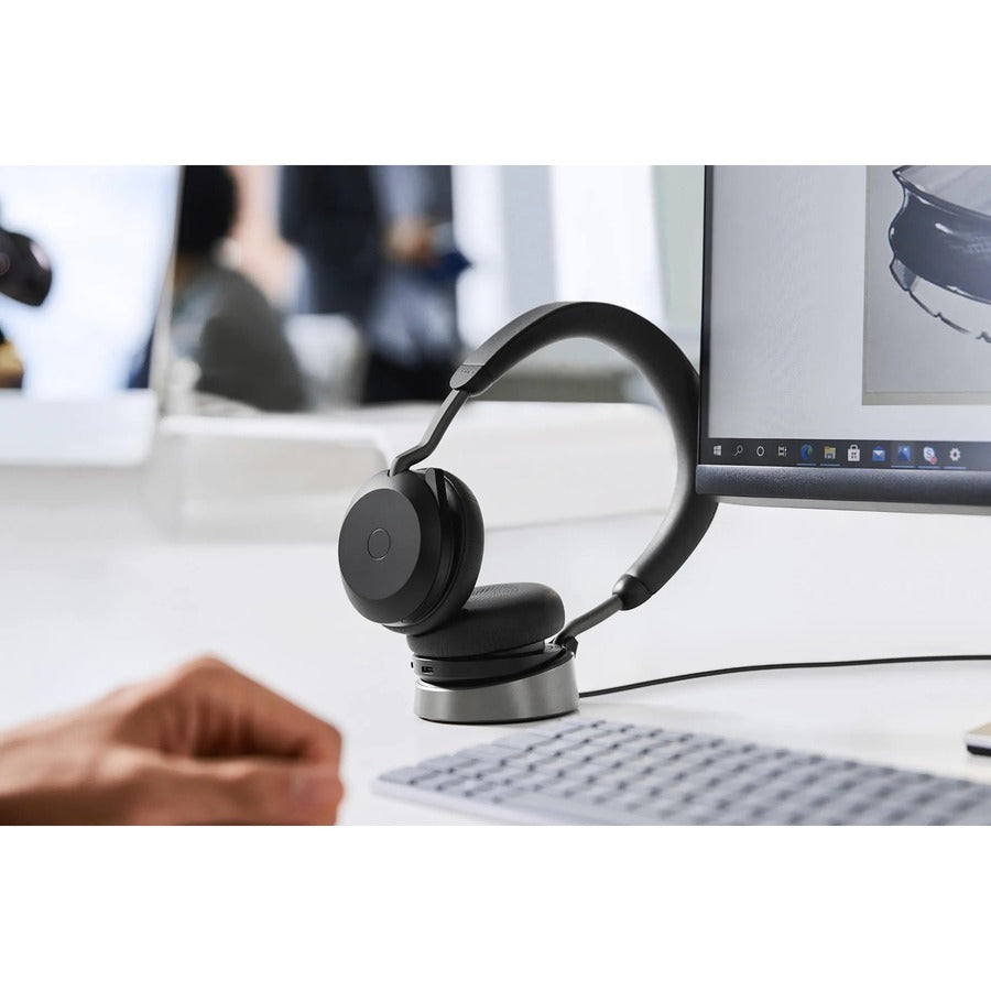 Jabra Evolve2 75 Wireless On-ear Stereo Headset - USB-C - For MS Teams - With Charging Stand - Black - Binaural - Ear-cup - 3000 cm - Bluetooth - 20 Hz to 20 kHz - MEMS Technology Microphone - Noise Cancelling