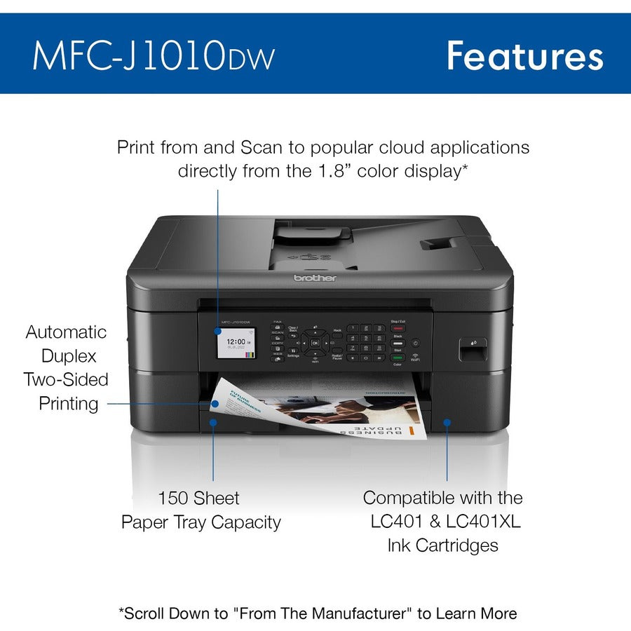 Brother MFC MFC-J1010DW Inkjet Multifunction Printer-Color-Copier/Fax/Scanner-17 ppm Mono/9.5 ppm Color Print-6000x1200 dpi Print-Automatic Duplex Print-150 sheets Input-Color Flatbed Scanner-1200 dpi Optical Scan-Color Fax-Wireless LAN