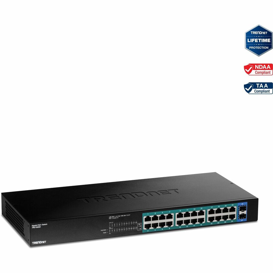 TRENDnet 26-Port Gigabit PoE+ Switch, 24 x 30W PoE+ Ports, 2 Gigabit SFP Slots, 380W PoE Budget, 52Gbps Switching Capacity, 1U 19