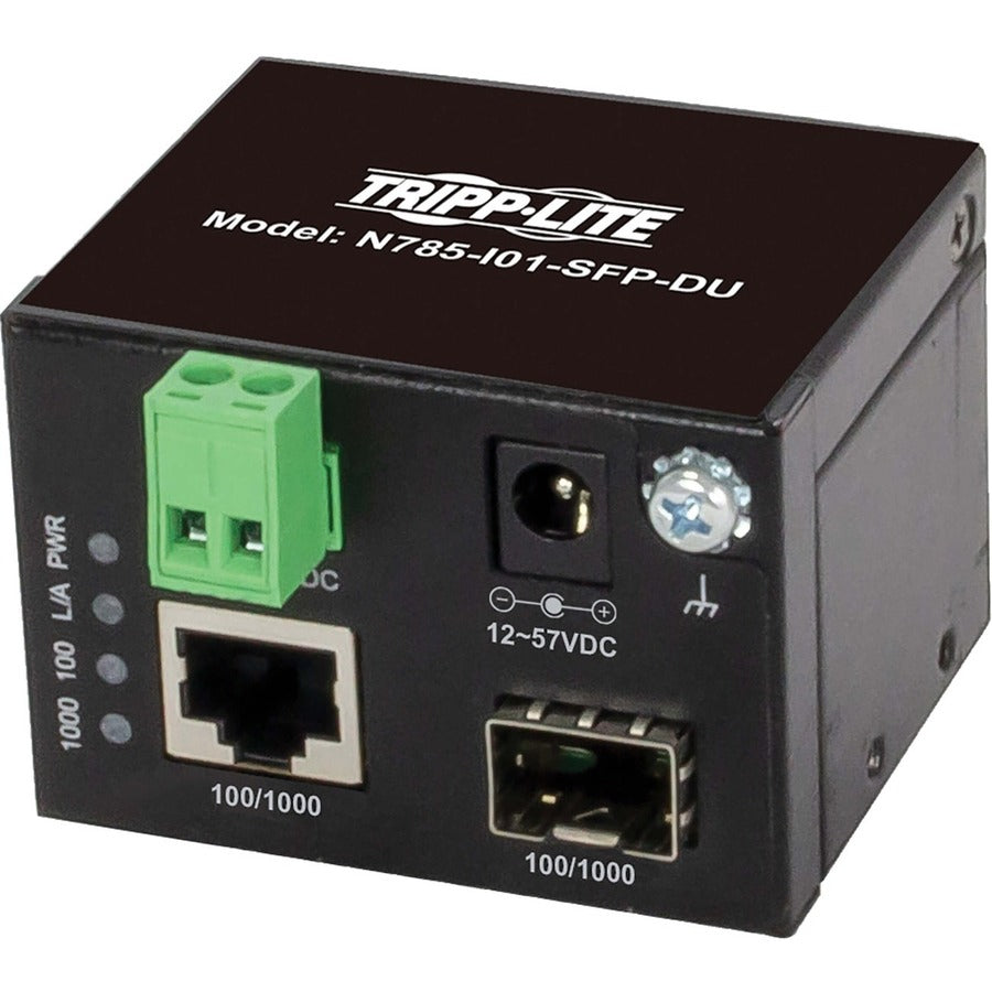 Tripp Lite by Eaton Unmanaged Industrial Gigabit Fiber to Ethernet Media Converter, 10/100/1000 Mbps, RJ45/SFP, -40° to 75°C, DC Power, TAA