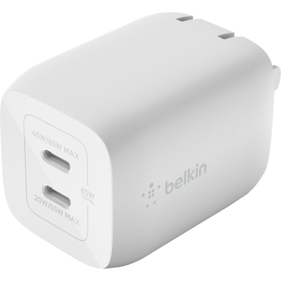 Belkin 65W Portable Dual Port GaN Wall Charger - 2xUSB-C (65W Total) - w/ USB-C to USB-C Cable - Fast Charging - Power Adapter - White