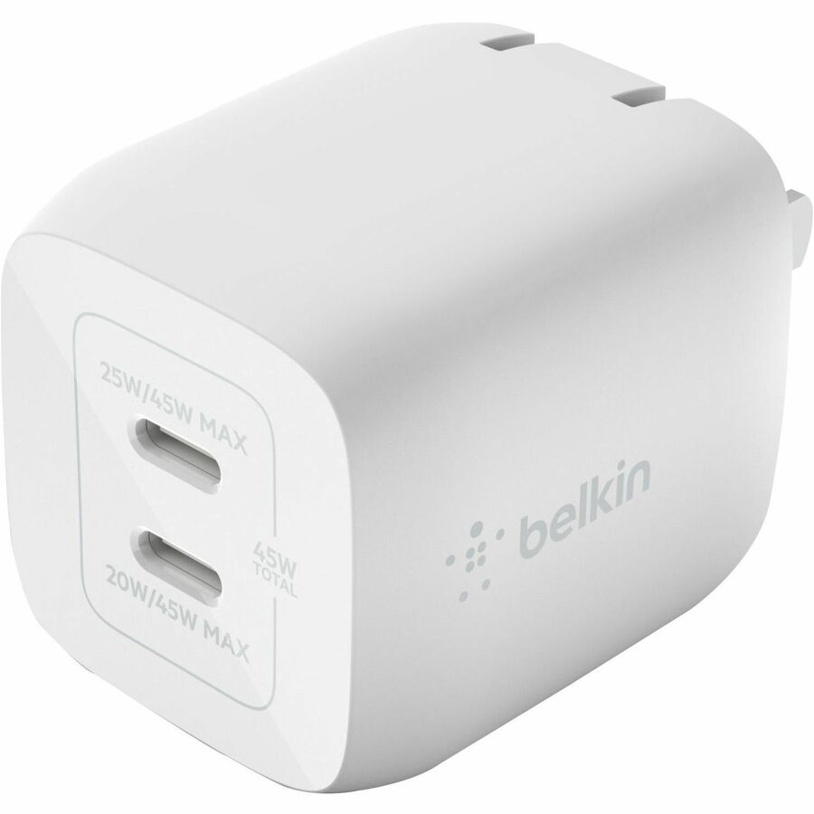 Belkin 45W Portable Dual Port GaN Wall Charger - 2xUSB-C (45W Total) - w/ USB-C to USB-C Cable - Fast Charging - Power Adapter - White