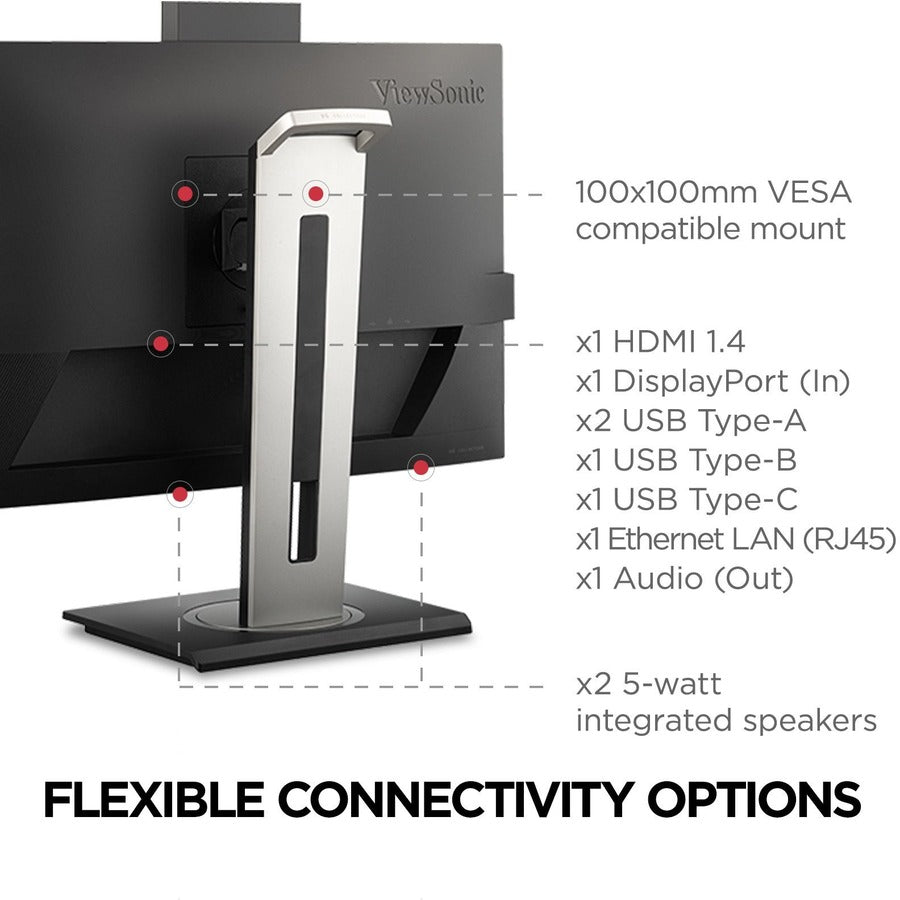 ViewSonic VG2456V 24 Inch 1080p Video Conference Monitor with Webcam, 2 Way Powered 90W USB C, Docking Built-In, Gigabit Ethernet RJ45, 40 Degree Tilt Ergonomics