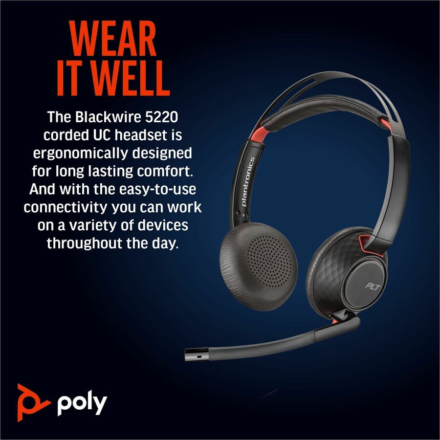 Poly Blackwire 5220 Stereo USB-C Headset + 3.5mm Plug + USB-C/A Adapter