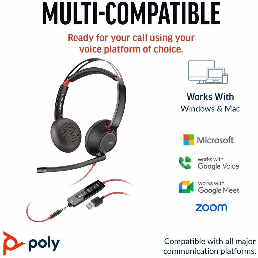 Poly Blackwire 5220 Stereo USB-C Headset + 3.5mm Plug + USB-C/A Adapter