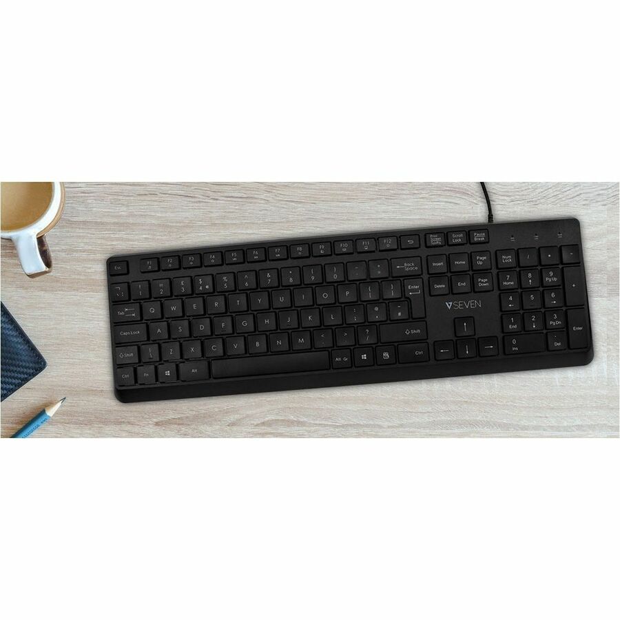 V7 KU350US USB Quiet Keyboard - US Layout - English (US) - QWERTY - Business - Black - USB-A Connectivity - Full Size - USB Interface - Plug and play - Windows - MacOS - ChromeOS - Multimedia keys - Lasered keycaps - Multimedia Hot Key(s)