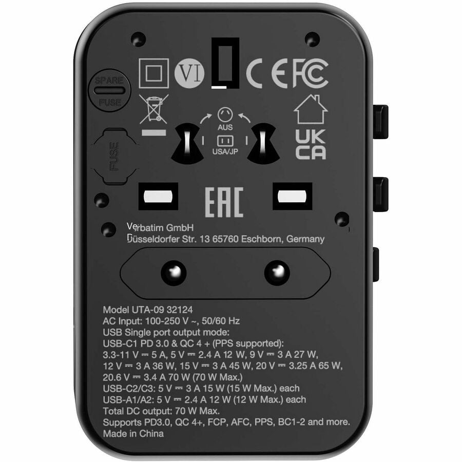 Verbatim UTA-09 Gan III Universal Travel Adapter 70W - USB-C, USB-A