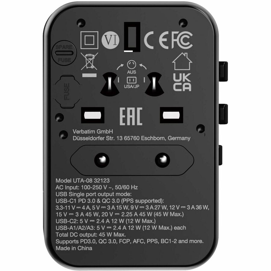 Verbatim UTA-08 Universal Travel Adapter 45W - USB-C, USB-A