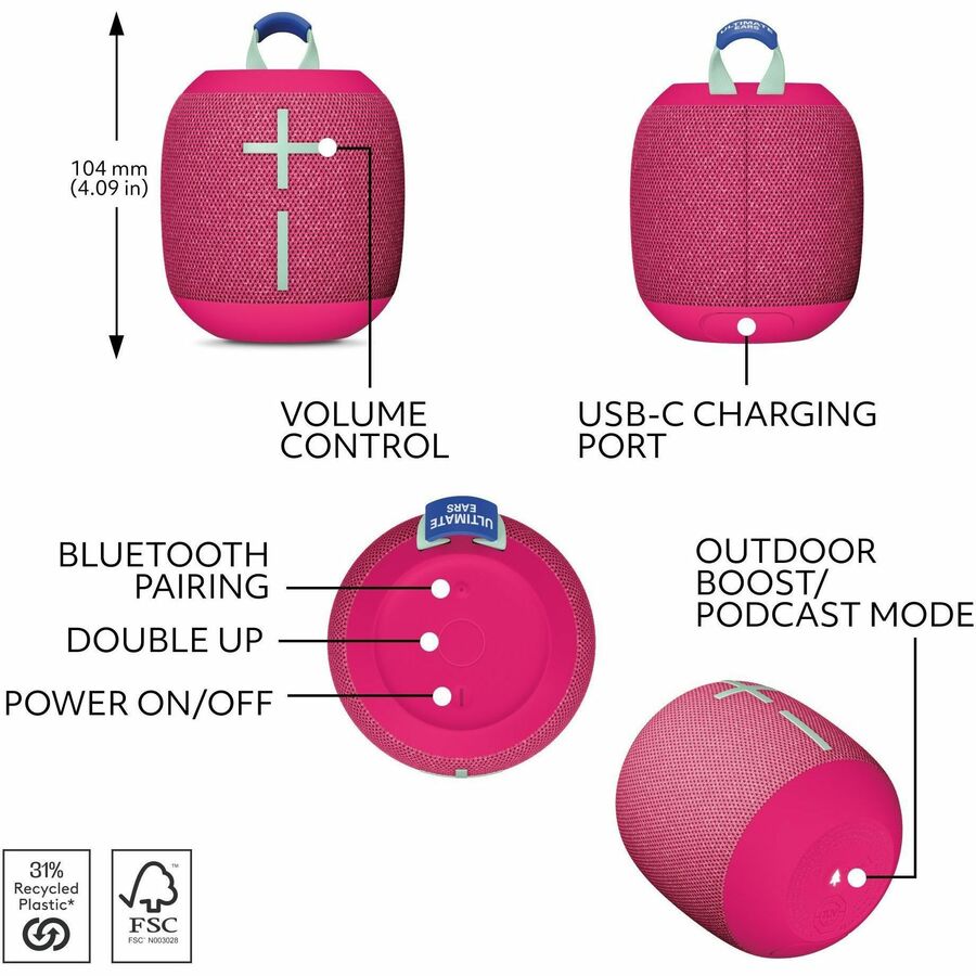 Ultimate Ears WONDERBOOM 4 Portable Waterproof Bluetooth Speaker With Big Bass and 360-Degree Sound, Dustproof Floating Speaker With 131ft (40m) Range, Pink