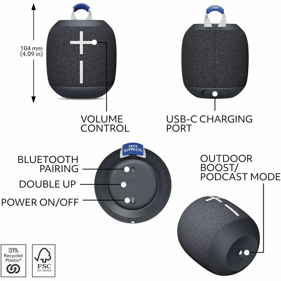 Ultimate Ears WONDERBOOM 4 Portable Waterproof Bluetooth Speaker With Big Bass and 360-Degree Sound, Dustproof Floating Speaker With 131ft (40m) Range, Black