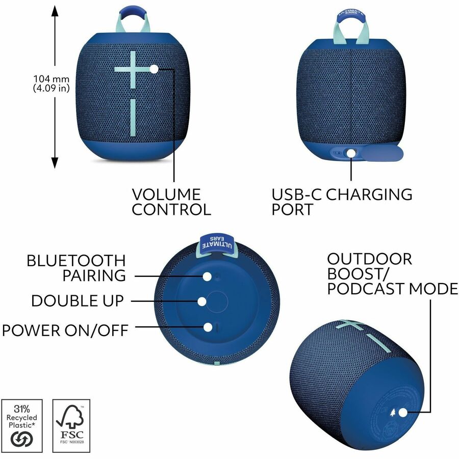 Ultimate Ears WONDERBOOM 4 Portable Waterproof Bluetooth Speaker With Big Bass and 360-Degree Sound, Dustproof Floating Speaker With 131ft (40m) Range, Blue