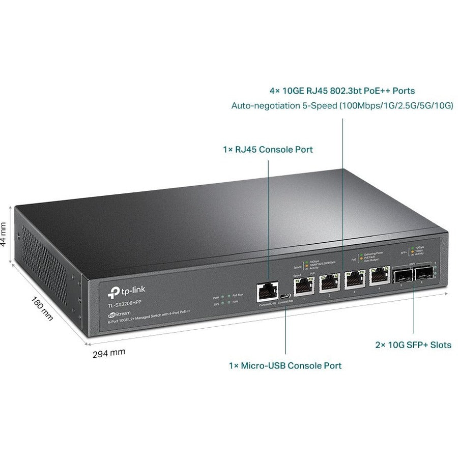 TP-Link JetStream 6-Port 10GE L2+ Managed Switch with 4-Port PoE++