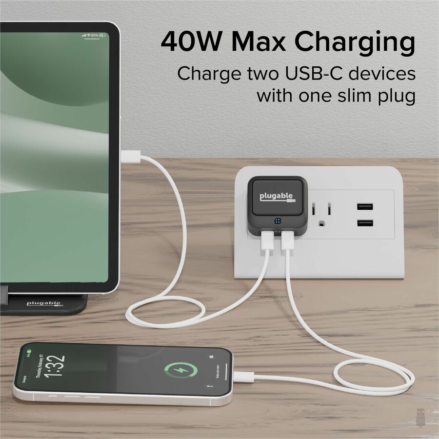 Plugable Dual USB C Wall Charger, 40W Foldable 2-Port Flat USB C Fast Charger Block