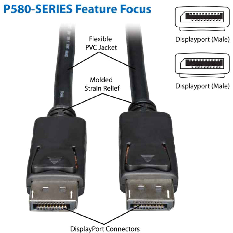 Eaton Tripp Lite Series DisplayPort Cable with Latching Connectors, 4K (M/M), Black, 20 ft. (6.09 m)